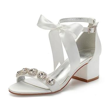 Imagem de Sandálias femininas de salto baixo peep toe grosso tira no tornozelo cristal vestido de casamento sapatos com laço, Marfim, 37