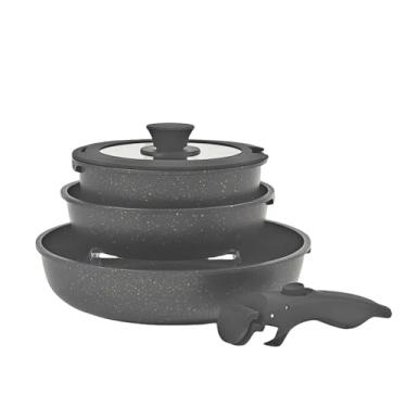 Imagem de Conjunto de panelas e frigideiras antiaderentes com alça removível, conjunto de panelas seguro para forno, cinco peças pretas, uma