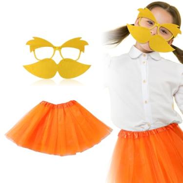 Imagem de Maiteenly Pacote com 2 acessórios para fantasia de bigode amarelo e sobrancelhas laranja óculos amarelos com sobrancelhas, bigode falso amarelo, saia tutu laranja tule, acessórios de fantasia de