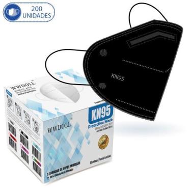 Imagem de 200 Máscaras KN95 Descartáveis Preta WWDoll com Filtro Clipe para Nari