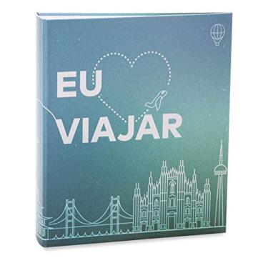 Imagem de Álbum de fotos Ical, encadernação tradicional, para 120 fotos 10x15cm - envelope plástico transparente - linha Viagem - modelo azul - eu amo viajar - 556