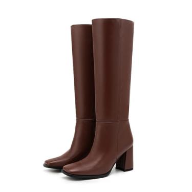 Imagem de Rock88 Botas de cano alto femininas, salto grosso, bico quadrado, botas longas com zíper para sair à noite e visual diário, café, 37