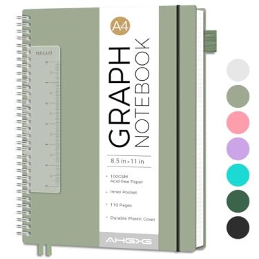 Imagem de AHGXG Caderno de papel milimetrado – Caderno espiral 21,6 cm x 28 cm, caderno gráfico grande A4, papel quadriculado grosso de 100 g/m², diários de capa de plástico à prova d'água para escrita,