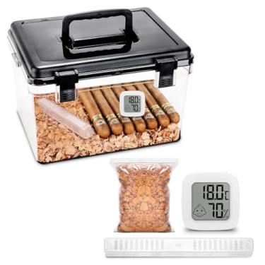 Imagem de Umidor de charuto moderno transparente rolos de cedro espanhol caixa de plástico acrílico portátil hermético recipiente para exibição hermética comporta 70-100 charutos com higrômetro digital e