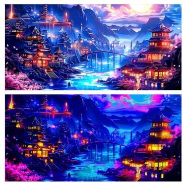 Imagem de Fundo de aquário de anime japonês com luz negra, 72 x 61 cm, arte UV, cidade, noite, aquário, cenário, terrário, com fita dupla face de 10 EVA