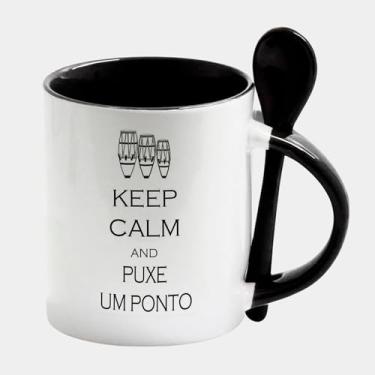 Imagem de Caneca Branca com Colher e Interna Preta de Porcelana 325ml FRASE PUXE UM PONTO ATABAQUE UMBANDA