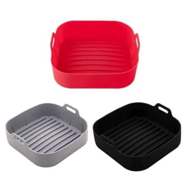 Imagem de Kit 3 Forma Cesto Quadrado De Silicone para Air Fryer 16,5x6cm Fitadora seca Sem Óleo Preto Vermelho e Cinza