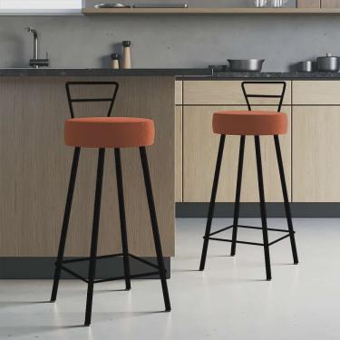 Imagem de Kit 02 Banqueta Alta Com Encosto Tina Eiffel Cozinha Bar Bistrô Ferro Preto Corino Laranja - Ahazzo Móveis