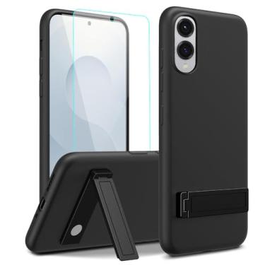 Imagem de Capa de telefone compatível com Samsung Galaxy S25 Edge com protetor de tela de vidro, [3 formas de suporte] Capa protetora de silicone TPU Slim Fit para Samsung S25 Edge 5G 2025 - preta