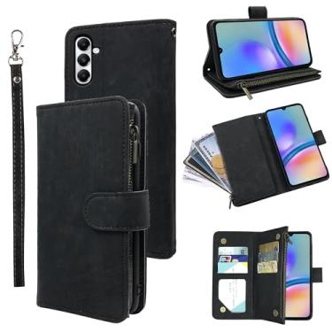 Imagem de Dibosom Capa carteira para Samsung Galaxy S25 5G com cordão de pulso e couro vintage premium flip porta-cartão de crédito acessórios capa de celular para S 24 24S 25 25S G5 mulheres homens preto