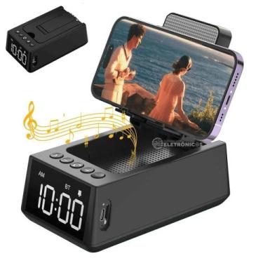 Imagem de Caixa de Som 8W com Rádio FM, Relógio Digital e Base para Celular Inte