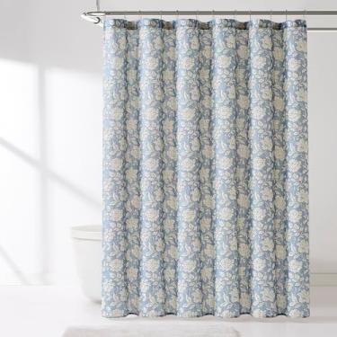 Imagem de Lush Decor Zara Cortina de chuveiro texturizada de linho floral única 183 cm L x 183 cm C Azul - Cortina de banho floral - Decoração vintage