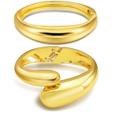 Imagem de 2 peças de pulseiras douradas banhadas em gota d'água para presente feminino, dobradiça torcida, irregular, minimalista, larga, grossa, dourada, aberta, oval, conjunto de joias, Large, Aço inoxidável