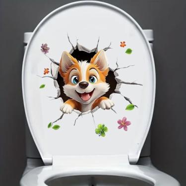 Imagem de Nouiroy Adesivo fofo da série animal buraco quebrado decalque de tampa de vaso sanitário, adesivo de PVC removível autoadesivo para banheiro, sala de estar, quarto decoração adesivos (Cão)