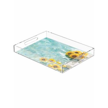 Imagem de Bandeja de acrílico Green Lake com girassol e limão e ondas de água, bandeja decorativa de plástico à prova de derramamento com alças para exibição de alimentos, organizador de bancada de festa 30 x