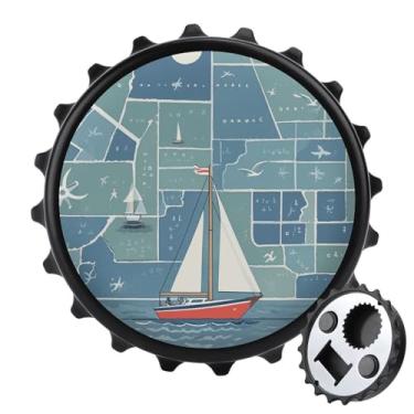 Imagem de Abridor de garrafa magnético redondo ímãs de geladeira náutico impressão de mapa de veleiro abridor portátil engraçado abridor de cerveja ímãs de geladeira decorativos para casa, bar, cozinha