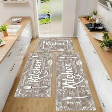 Imagem de XLHOMO Tapetes de cozinha para chão, tapetes de cozinha de couro napa marrom antiderrapante, conjuntos de 3, tapetes laváveis para cozinha de fazenda, resistentes a manchas para cozinha, lavanderia