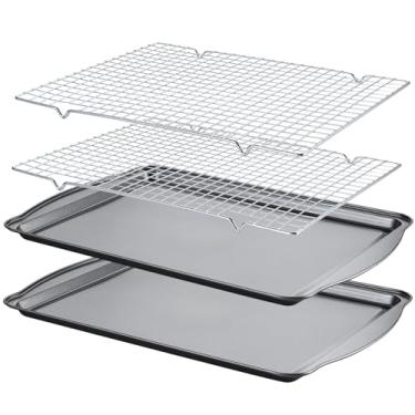 Imagem de Conjunto de assadeiras com grades de resfriamento [2 folhas + 2 racks], assadeiras de aço carbono para assar, assadeiras antiaderentes, perfeitas para assar, assar e muito mais, tamanho 43 x 28 x 0,5