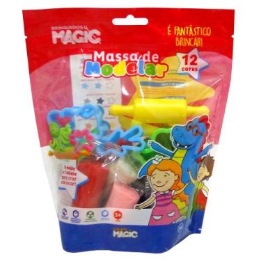 Imagem de Massinha de modelar com 12 cores + 6 moldes e rolo de massa 300g - MAG