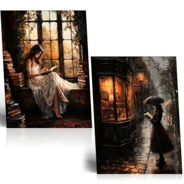 Imagem de NCYEL 2 peças Dark Academy Canvas Wall Art Painting Book Reading Print Vintage Style Drawing Gothic Poster Girl Street Scene Picture Library Study Bedroom Decor Literature Gallery 40 x 61 cm sem