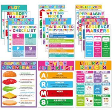 Imagem de 15 peças de pôsteres coloridos de processo de escrita para sala de aula, pôsteres educativos em inglês, ensino médio, guia de estratégia, para professores, pôster para biblioteca, quadro-negro