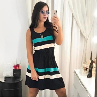 Imagem de Vestido Feminino Básico Listrado Casual Midi Adulto Manga Regata - NoB