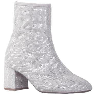 Imagem de RF ROOM OF FASHION Botas femininas de cano curto de salto largo - tamanho grande, Strass prata (largura larga), 8 Wide