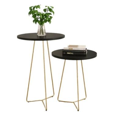 Imagem de Kit 2 Mesas Apoio E Lateral Redonda Pés De Ferro Dourado (Preto)