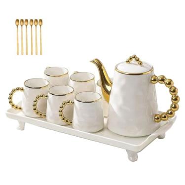 Imagem de Conjunto de 14 peças de chá da tarde Conjunto de bule de chá de porcelana xícara de café de cerâmica com colher dourada e suporte de bandeja de chá para presente (branco)