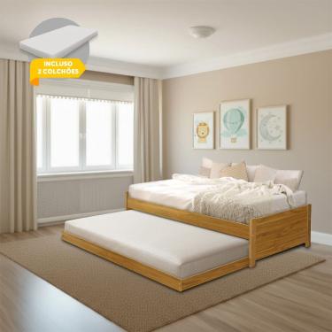 Imagem de Cama Solteiro com Auxiliar Bibox Bicama Infantil Gabrieli com 2 Colchões Inclusos Imbuia