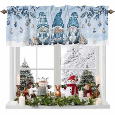 Imagem de Gnomos azuis de Natal para janelas, lindo gnomo segurando bolas de Natal de café, ramo de floco de neve de inverno, saia para varão, bolso para varão, janela, cortinas curtas para cozinha, sala de