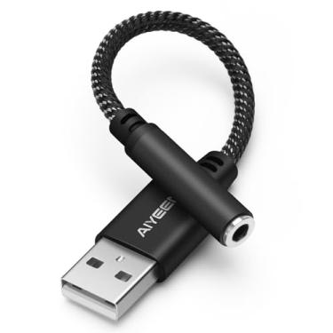 Imagem de AIYEEN Cabo adaptador de áudio USB para fêmea de 3,5 mm, trançado de nylon 15 cm USB macho para conector auxiliar conversor estéreo com chip de alta resolução, Plug & Play, para fones de ouvido