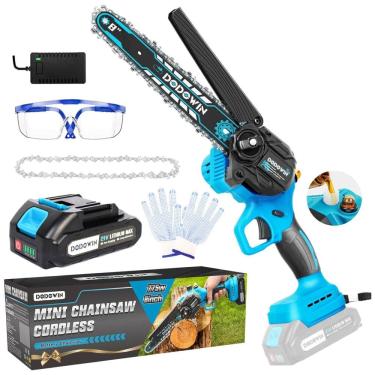 Imagem de Mini Motosserra Elétrica sem Fio com Bateria de 21V Recarregável, Inclui Corrente e Acessórios, DODOWIN, Azul