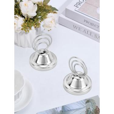 Imagem de 2 peças de porta-cartões de lugar de aço inoxidável, porta-números de mesa pequenos em forma de bobina, platina de 3,2 x 4 cm, suporte moderno para cartões centrais com base de fundição pesada para