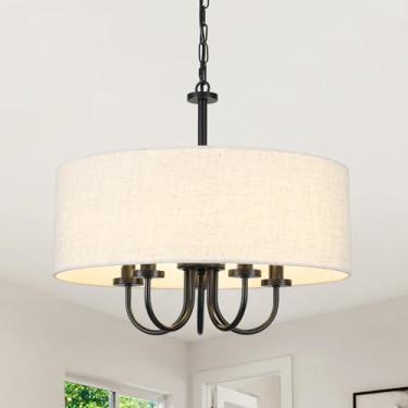 Imagem de ZJVAIVE Lustre de tambor 5 luzes 48 cm lustres de sala de jantar moderno preto fazenda lustre branco cortina de tambor luminária pendente para sala de estar quarto corredor