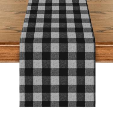 Imagem de Caminho de mesa de verão xadrez de búfalo preto e cinza, decoração de mesa de cozinha sazonal outono estilo casa de fazenda decoração de mesa de férias festa de casamento jantar de aniversário 33 x