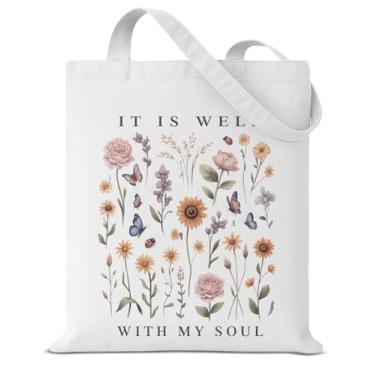Imagem de Bolsa feminina floral cristã versículo bíblico It is Well With My Soul Estética reutilizável bolsa de ombro para compras supermercado trabalho Wildslowers bolsas estéticas
