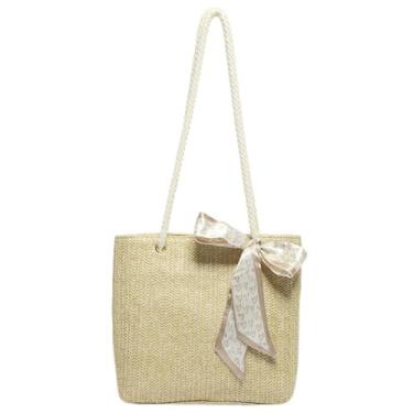 Imagem de Bolsa feminina de ombro de palha de tecido elegante de grande capacidade, fecho de zíper, Branco