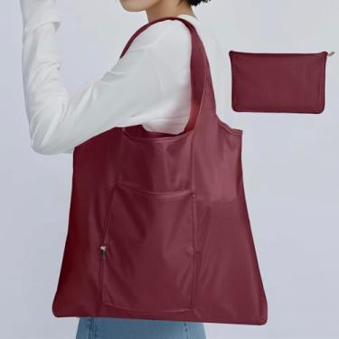Imagem de 1 pacote de sacola de compras reutilizável dobrável, à prova d'água, reutilizável, sacola de nylon (vinho vermelho)