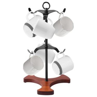 Imagem de Suporte de caneca, suporte de xícara de café, árvore de caneca de café com 6 ganchos, base de madeira maciça e suporte de copo de café de ferro resistente, suporte organizador de xícaras de café para