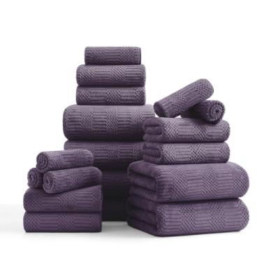 Imagem de Conjunto de 18 toalhas de família de tecido roxo - 6 lençóis de banho, 6 toalhas de mão, 6 toalhas de poliéster macio toalha de banho absorvente toalha de praia de secagem rápida toalha de cadeira de