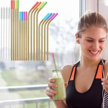 Imagem de Conjunto de 16 canudos de metal reutilizáveis com escova de limpeza para acessórios Stanley Cup, pontas de cotovelo de silicone destacáveis