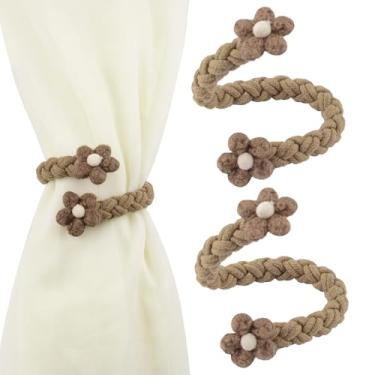 Imagem de UFURMATE Laço de cortina de flor, 2 peças, laços de corda drapeados à mão, estilo boho, suportes de cortina dobráveis DIY para decoração (marrom café)