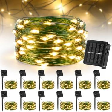 Imagem de Kittmip 12 peças de mini cordão de luzes solares, minúsculas e minúsculas fadas vaga-lumes, luz cintilante, à prova d'água, 50 LEDs, cordão de jardim para decoração de Natal e quintal (fio verde)