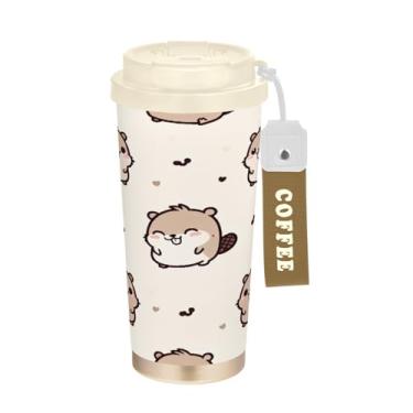Imagem de Blueangle Caneca de café com isolamento térmico Happy Beaver - copo de aço inoxidável à prova de vazamento e derramamento para acampamento e ar livre, garrafa de água reutilizável de 500 ml com tampa