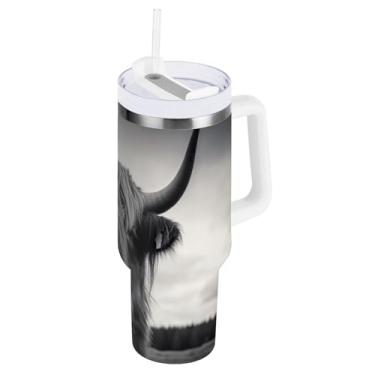 Imagem de Blueangle Copo isolado de 1,134 g com alça e tampa de canudo - Caneca de viagem de aço inoxidável à prova de vazamento, garrafa de água engraçada de vaca Highland a vácuo de parede dupla (788)
