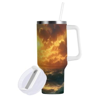 Imagem de ATTX Copo de pintura a óleo para navio à vela de 850 g com alça - Caneca de viagem de aço inoxidável isolada a vácuo, copo de café à prova de vazamento com canudo #360