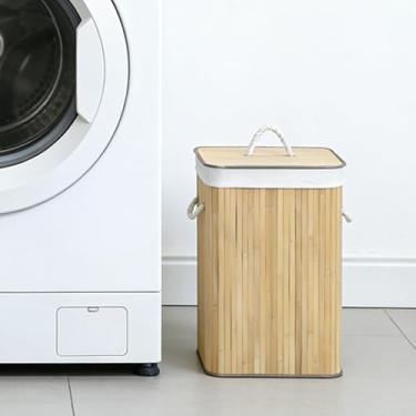 Imagem de Zhjvihx Cesto de Roupa Suja, Cesto de Roupas Dobrável de Madeira de 72L Com Tampa Removível e Forro Lavável à Máquina, para Armazenamento de Quarto de Lavanderia de Espaço Compacto (Cor Carbonizada)