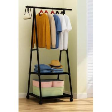 Imagem de Arara de Roupas Cabideiro Portátil Preto com 2 Prateleiras Sapateira e