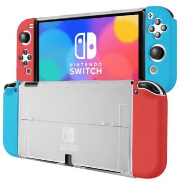 Imagem de MOROCK Protective Case for Nintendo Switch OLED 2021, Ergomomic Grip Hard PC Translucent Frosted Back Shell Cover with Silicone Red & Blue Handle, Shock-Absorption and Anti-Scratch, White
